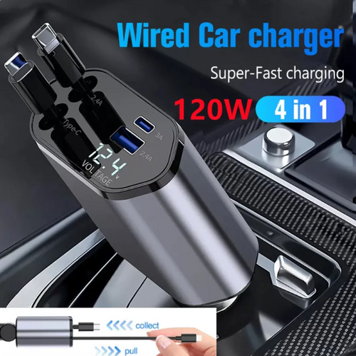 120W Retractable Car Charger with USB & Type-C Fast Charging Cables